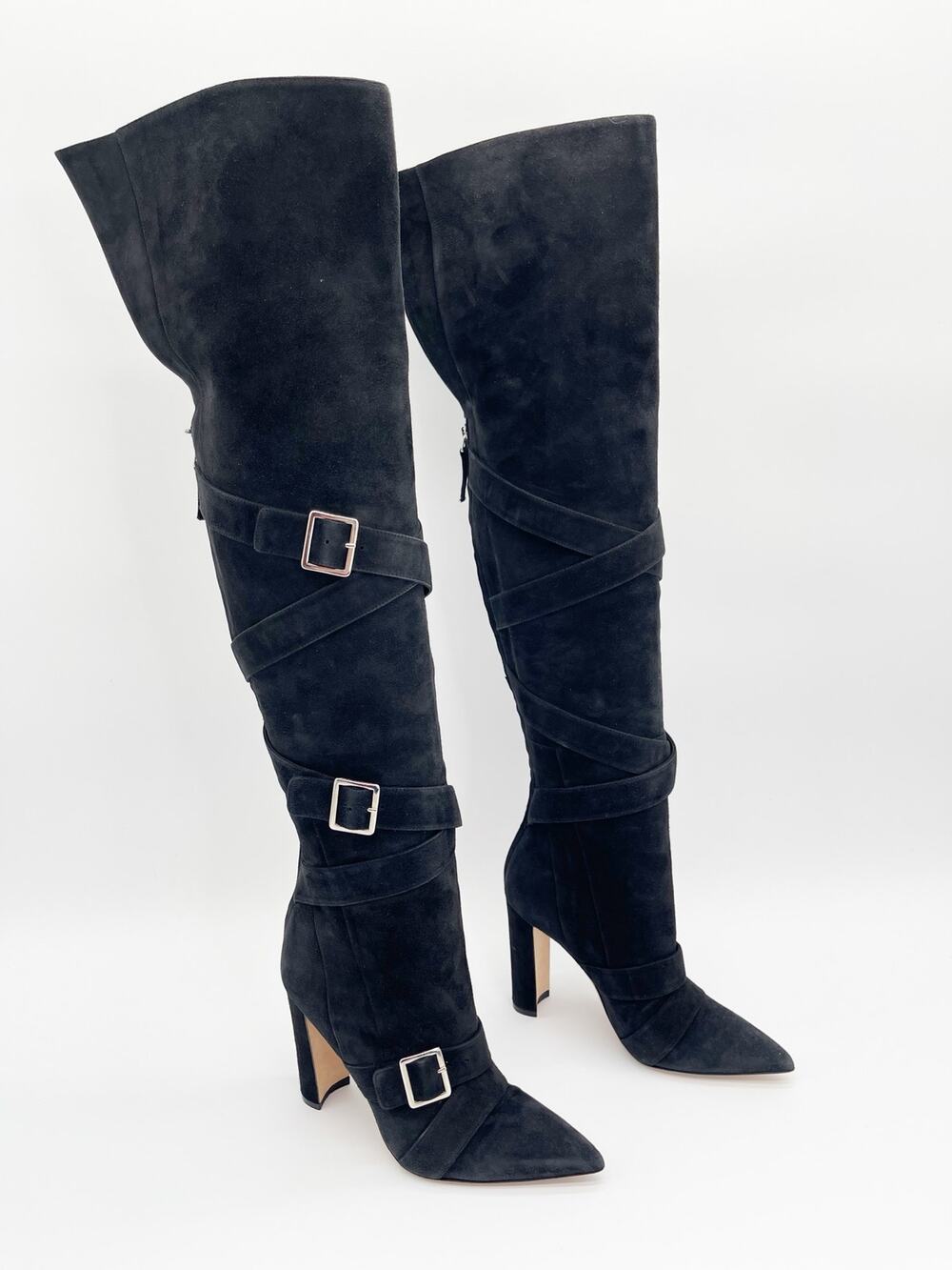 Manolo Blahnik Josimhi Black Suede Buckle Strap Pointed Toe OTK Boots IT 35.5